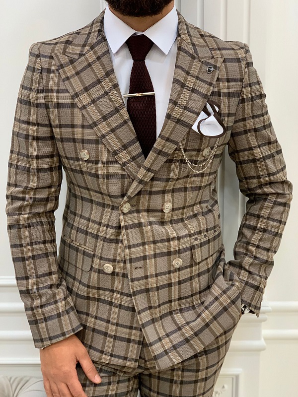 Brown Slim Fit Double Breasted Plaid Suit for Men by GentWith.com with Free Worldwide Shipping