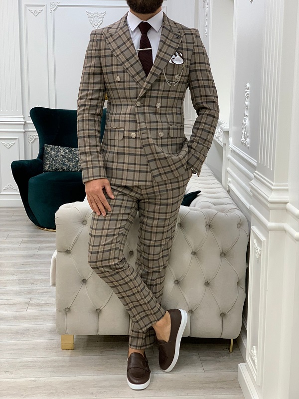 Brown Slim Fit Double Breasted Plaid Suit by GentWith.com