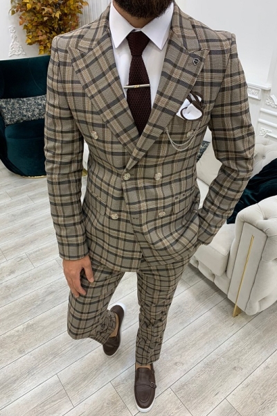 Brown Slim Fit Double Breasted Plaid Suit for Men by GentWith.com with Free Worldwide Shipping