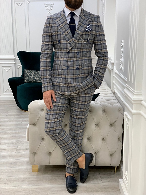 Navy Blue Slim Fit Double Breasted Plaid Suit by GentWith.com