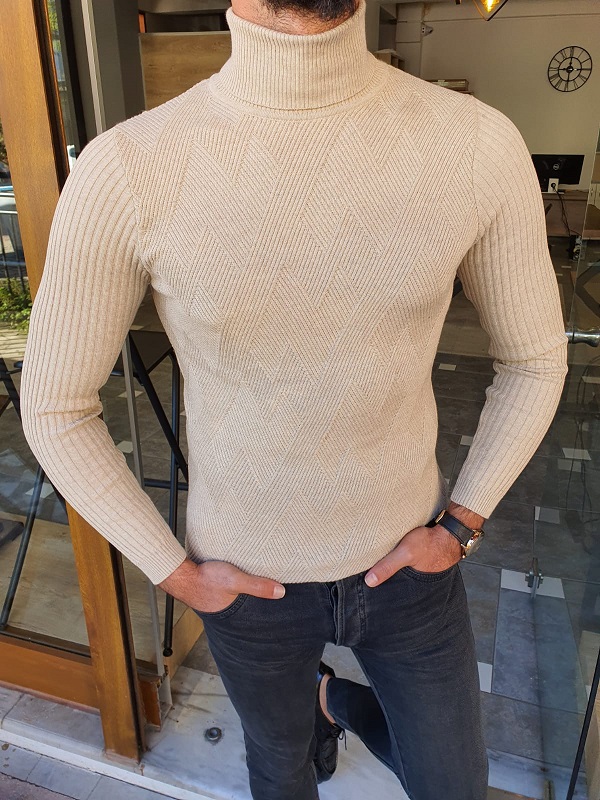 GentWith Edmond Beige Slim Fit Turtleneck Sweater 