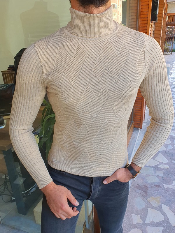 Beige Slim Fit Turtleneck Sweater for Men by Gentwith.com with Free Worldwide Shipping
