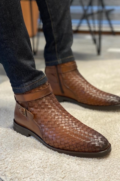 Brown Woven Leather Buckle Chelsea Boots for Men by Gentwith.com with Free Worldwide Shipping