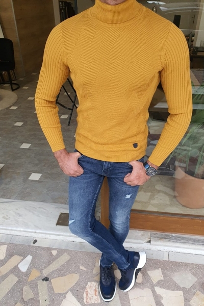 Yellow Slim Fit Turtleneck Sweater for Men by Gentwith.com with Free Worldwide Shipping