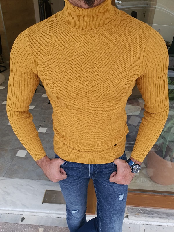 Yellow Slim Fit Turtleneck Sweater for Men by Gentwith.com with Free Worldwide Shipping