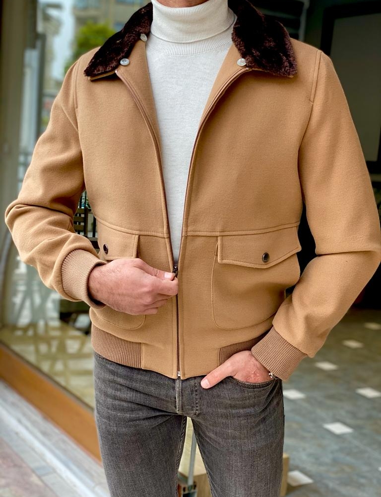 Beige Slim Fit Coat for Men by Gentwith.com with Free Worldwide Shipping