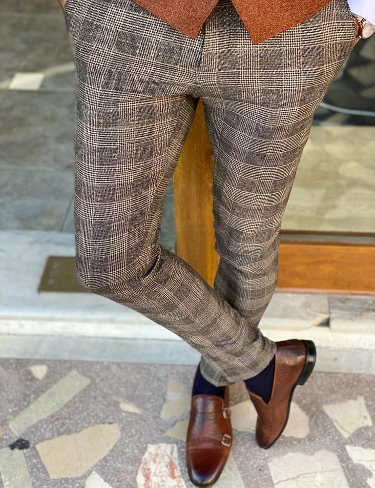 Beige Slim Fit Plaid Cotton Pants for Men by Gentwith.com with Free Worldwide Shipping