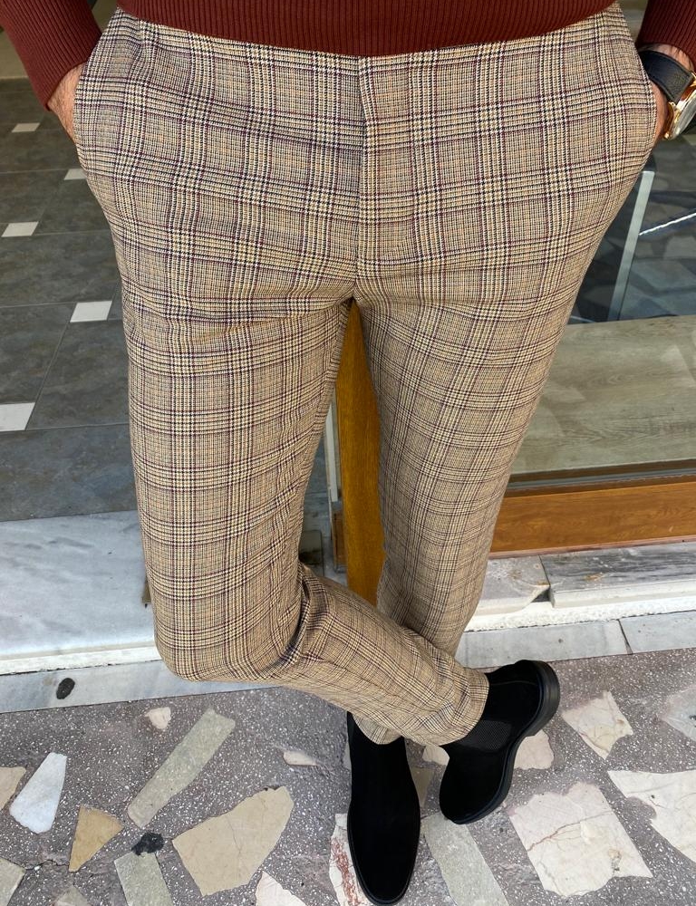 Beige Slim Fit Plaid Pants for Men by Gentwith.com with Free Worldwide Shipping