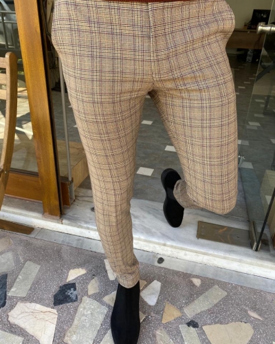 Beige Slim Fit Plaid Pants for Men by Gentwith.com with Free Worldwide Shipping