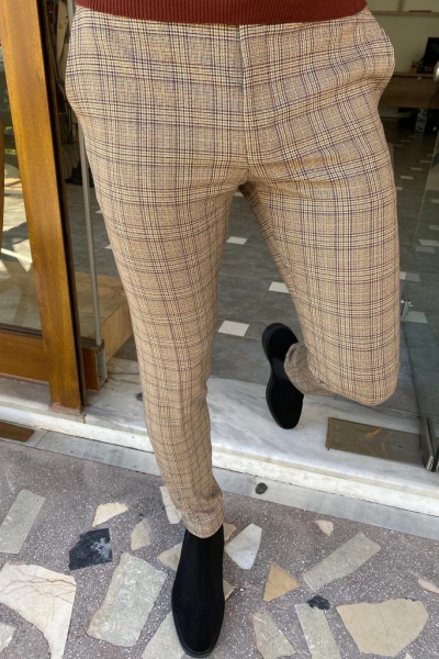 Beige Slim Fit Plaid Pants for Men by Gentwith.com with Free Worldwide Shipping