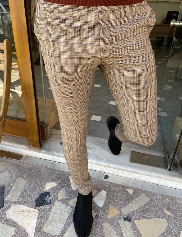 Beige Slim Fit Plaid Pants for Men by Gentwith.com with Free Worldwide Shipping