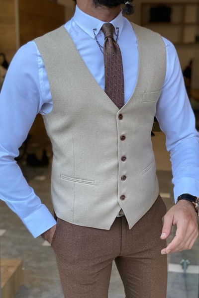 Beige Slim Fit Wool Vest for Men by Gentwith.com with Free Worldwide Shipping