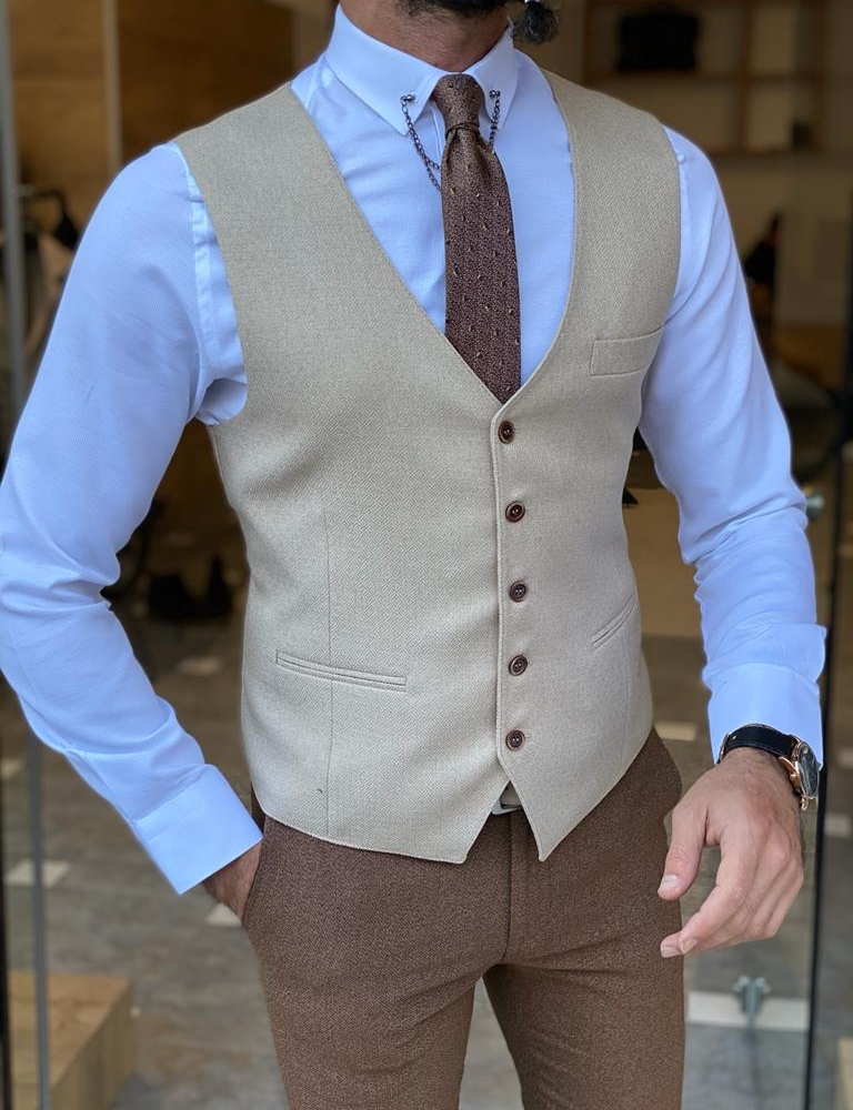 Beige Slim Fit Wool Vest for Men by Gentwith.com with Free Worldwide Shipping