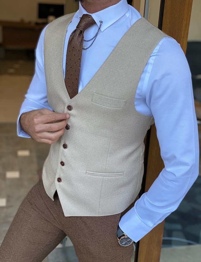 Beige Slim Fit Wool Vest for Men by Gentwith.com with Free Worldwide Shipping
