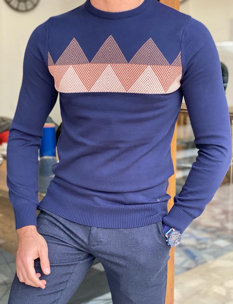 Blue Slim Fit Crewneck Sweater for Men by Gentwith.com with Free Worldwide Shipping