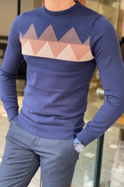 Blue Slim Fit Crewneck Sweater for Men by Gentwith.com with Free Worldwide Shipping