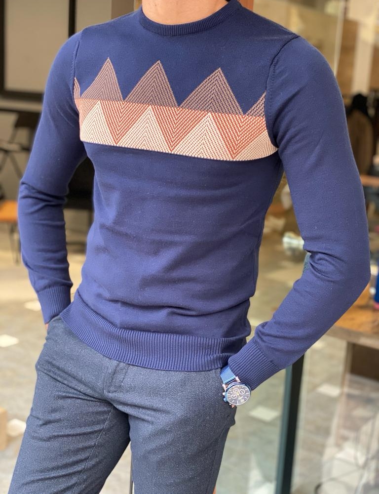 Blue Slim Fit Crewneck Sweater for Men by Gentwith.com with Free Worldwide Shipping