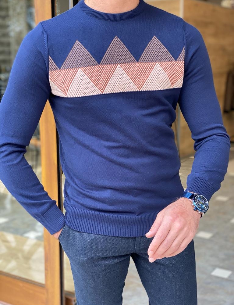 Blue Slim Fit Crewneck Sweater for Men by Gentwith.com with Free Worldwide Shipping