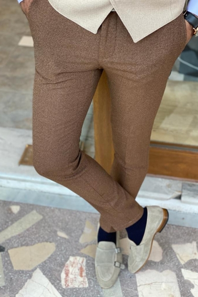 Brown Slim Fit Wool Pants for Men by Gentwith.com with Free Worldwide Shipping