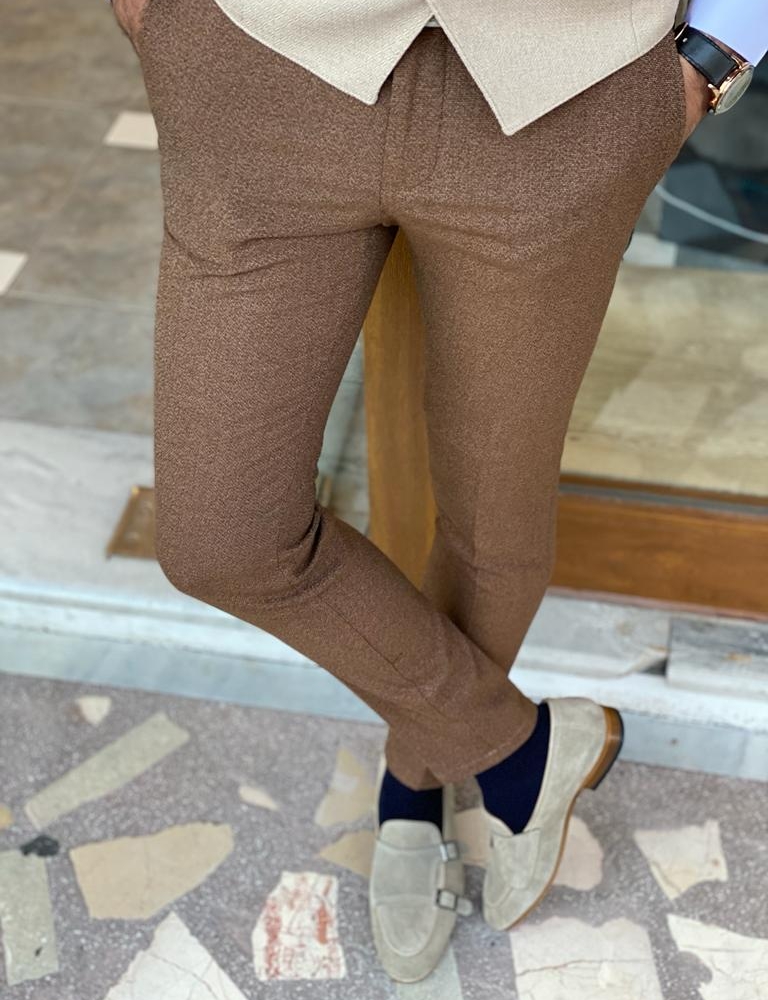 Brown Slim Fit Wool Pants for Men by Gentwith.com with Free Worldwide Shipping