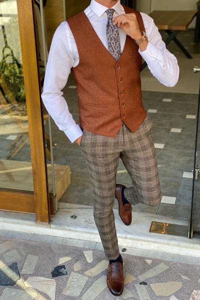 Brown Slim Fit Wool Vest for Men by Gentwith.com with Free Worldwide Shipping