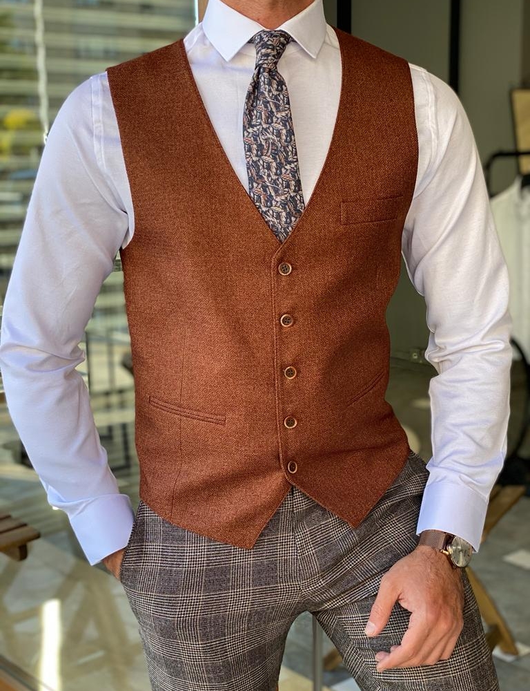 Brown Slim Fit Wool Vest for Men by Gentwith.com with Free Worldwide Shipping