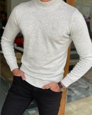 Gray Slim Fit Patterned Monk Turtleneck Sweater for Men