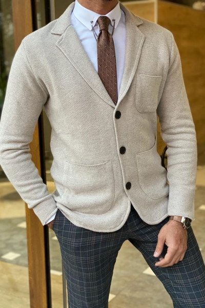 Beige Slim Fit Knitwear Jacket for Men by Gentwith.com with Free Worldwide Shipping