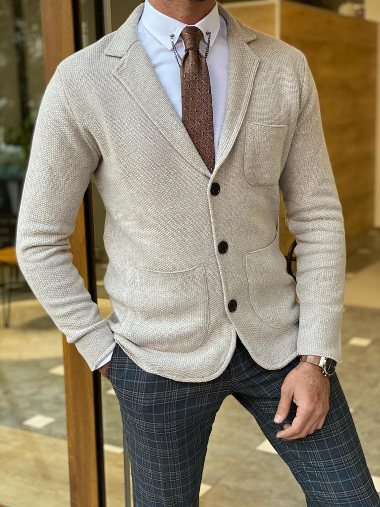 Beige Slim Fit Knitwear Jacket for Men by GentWith | Worldwide Shipping