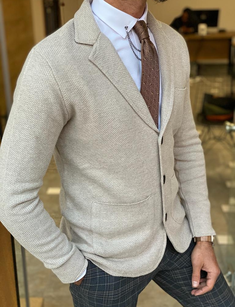Beige Slim Fit Knitwear Jacket for Men by Gentwith.com with Free Worldwide Shipping