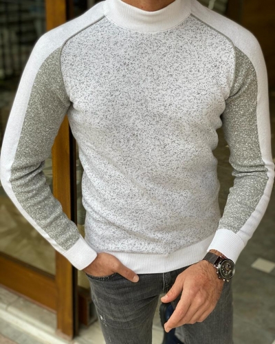 White Patterned Mock Turtleneck Sweater for Men by Gentwith.com with Free Worldwide Shipping