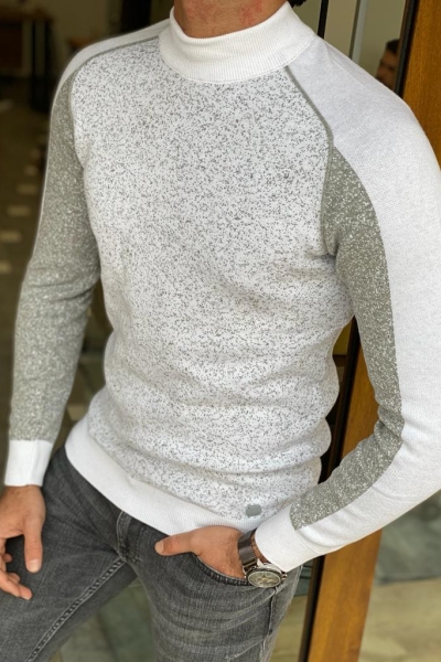 White Patterned Mock Turtleneck Sweater for Men by Gentwith.com with Free Worldwide Shipping