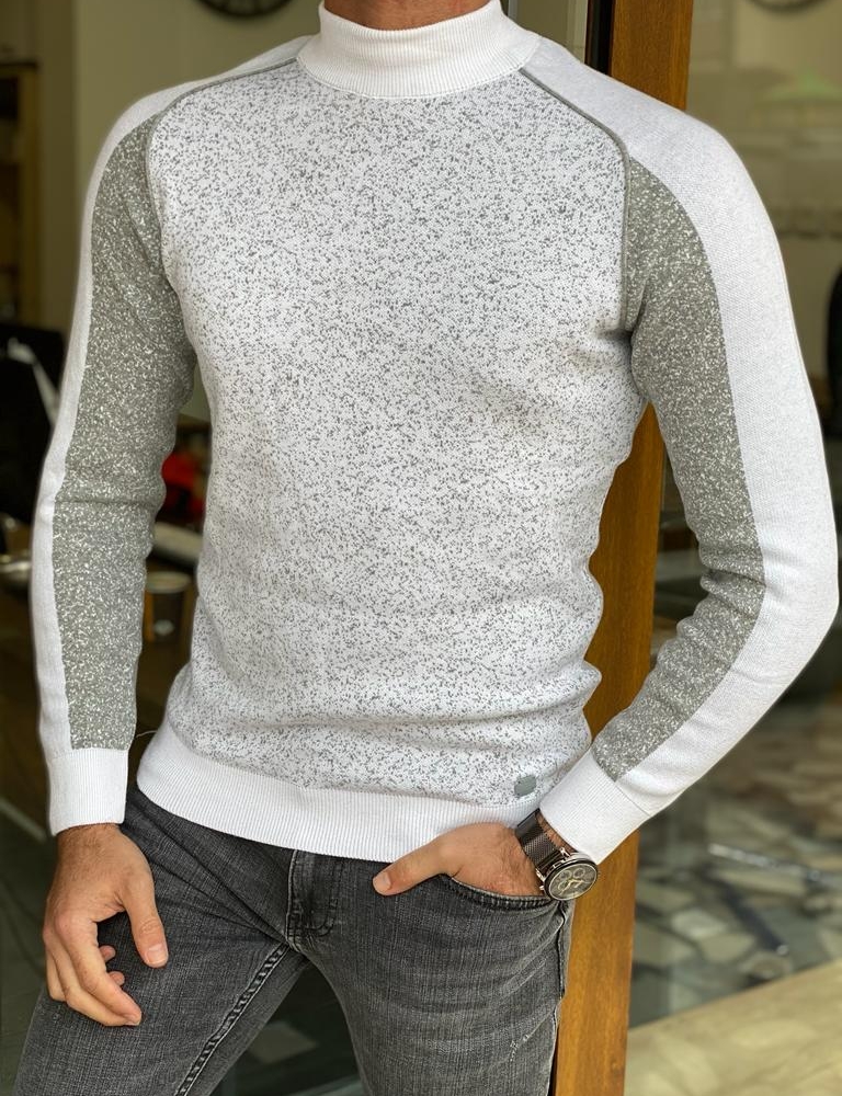 White Patterned Mock Turtleneck Sweater for Men by Gentwith.com with Free Worldwide Shipping