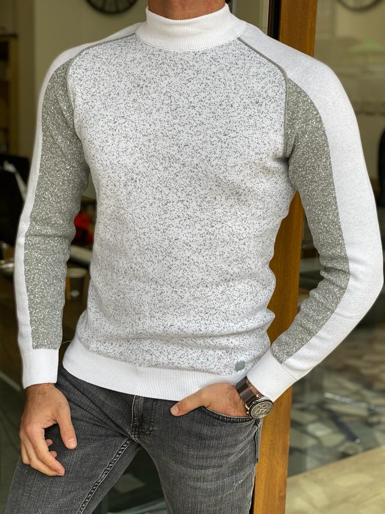 White Slim Fit Patterned Mock Turtleneck Sweater for Men by GentWith