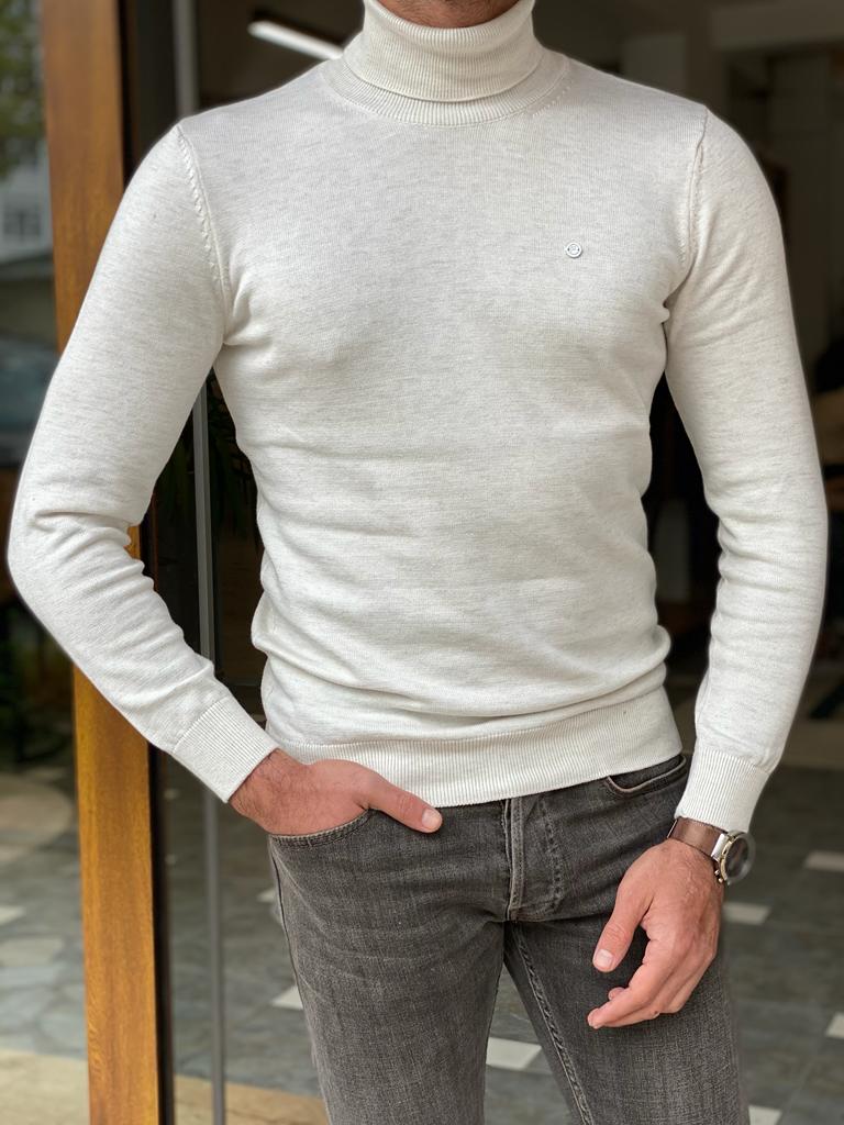 White Slim Fit Turtleneck Sweater for Men by GentWith.com