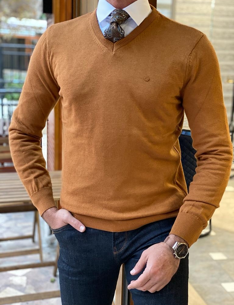 Brown Slim Fit V-Neck Sweater for Men by Gentwith.com with Free Worldwide Shipping