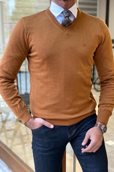 Brown Slim Fit V-Neck Sweater for Men by Gentwith.com with Free Worldwide Shipping