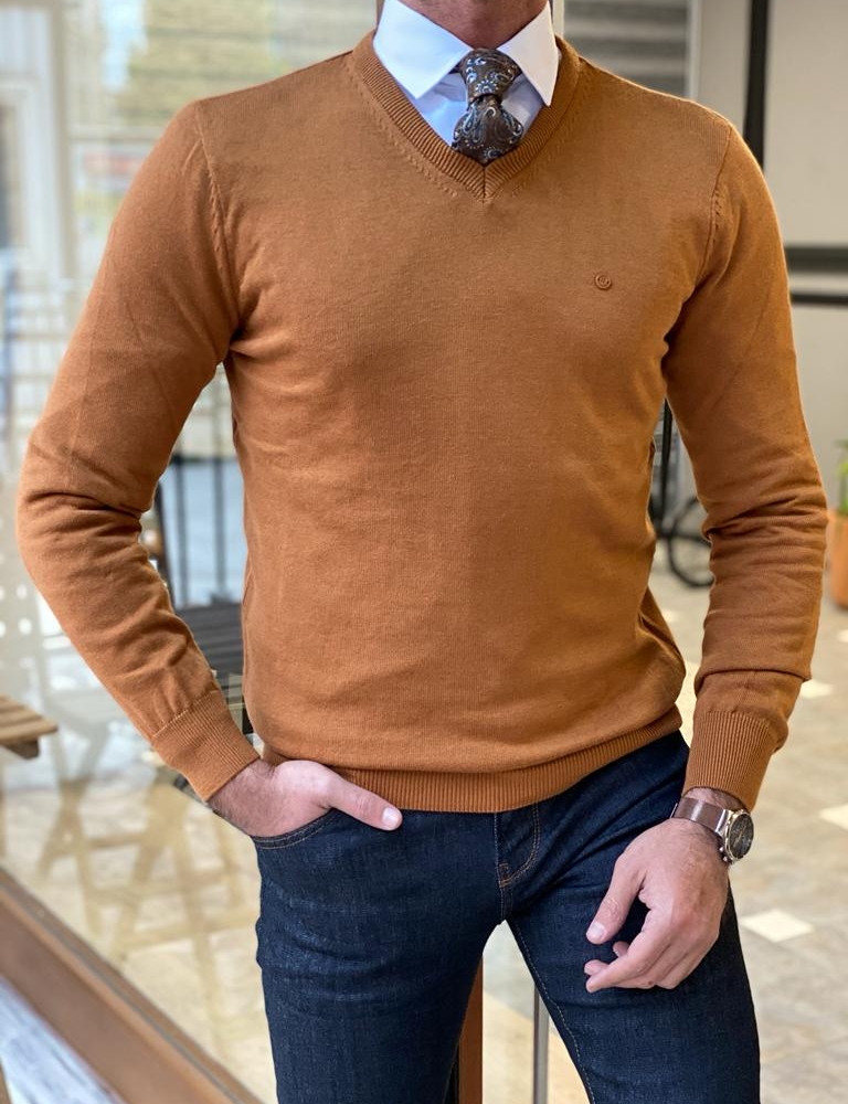 Brown Slim Fit V-Neck Sweater for Men by Gentwith.com with Free Worldwide Shipping