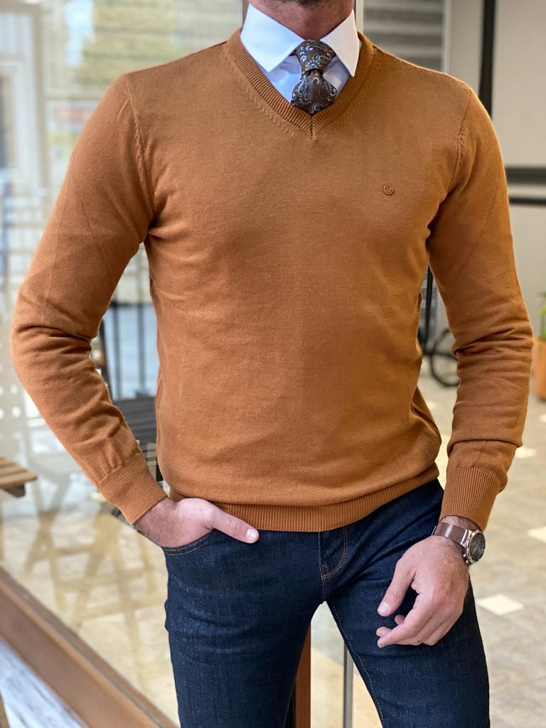 GentWith Empire Camel Slim Fit V-Neck Sweater 