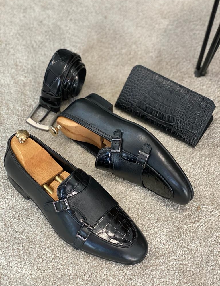 Black Double Monk Strap Loafers for Men by Gentwith.com with Free Worldwide Shipping
