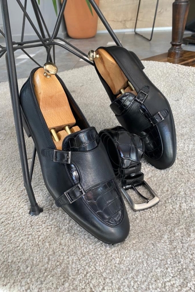 Black Double Monk Strap Loafers for Men by Gentwith.com with Free Worldwide Shipping