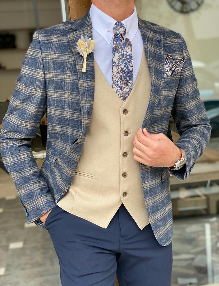 Blue Slim Fit Plaid Check Wool Suit for Men by Gentwith.com with Free Worldwide Shipping