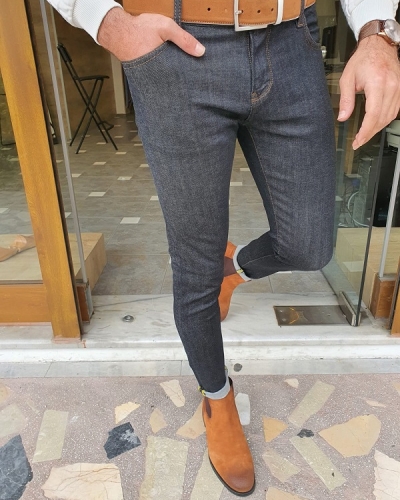 Dark Blue Slim Fit Jeans for Men by Gentwith.com with Free Worldwide Shipping