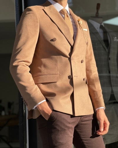 Beige Slim Fit Peak Lapel Double Breasted Wool Blazer for Men by Gentwith.com with Free Worldwide Shipping