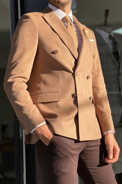 Beige Slim Fit Peak Lapel Double Breasted Wool Blazer for Men by Gentwith.com with Free Worldwide Shipping