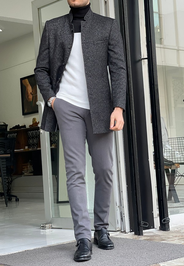 GentWith Hazard Black Slim Fit Judge Collar Wool Long Coat - GENT WITH