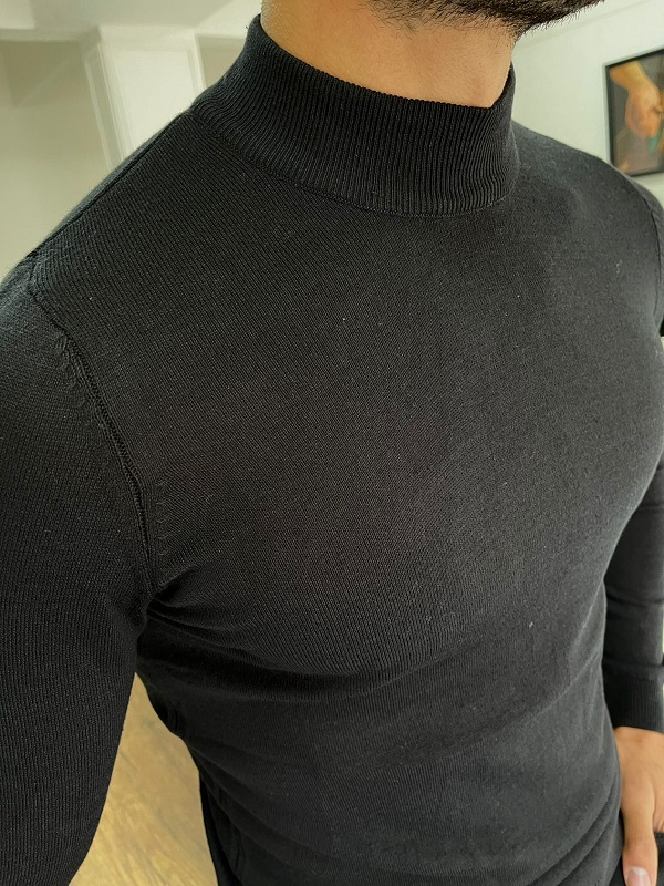 Black Slim Fit Mock Turtleneck Sweater for Men by Gentwith.com with Free Worldwide Shipping