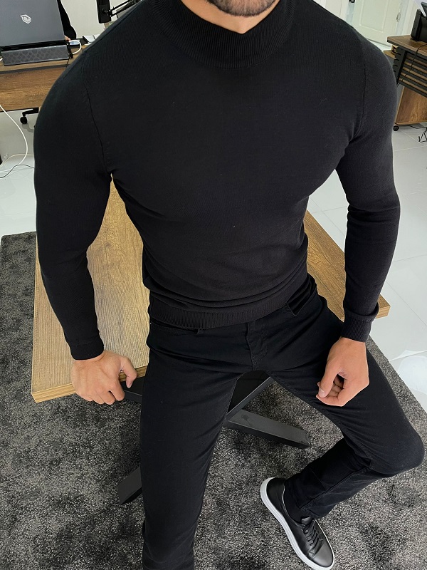 GentWith Hazard Black Slim Fit Mock Turtleneck Sweater 