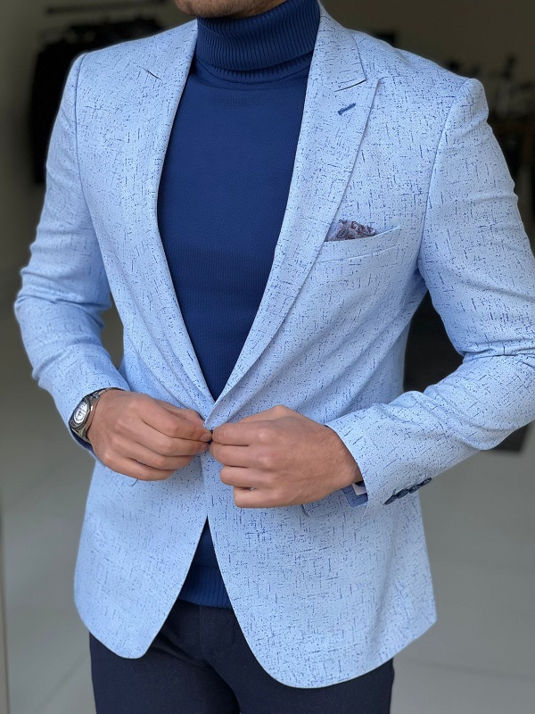 Blue Slim Fit Patterned Linen Blazer for Men by GentWith.com
