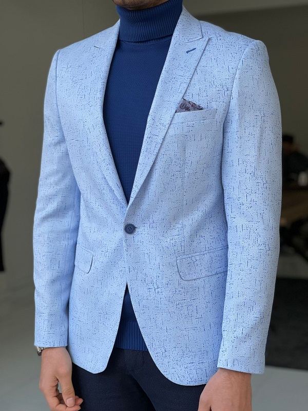 Blue Slim Fit Patterned Linen Blazer for Men by Gentwith.com with Free Worldwide Shipping